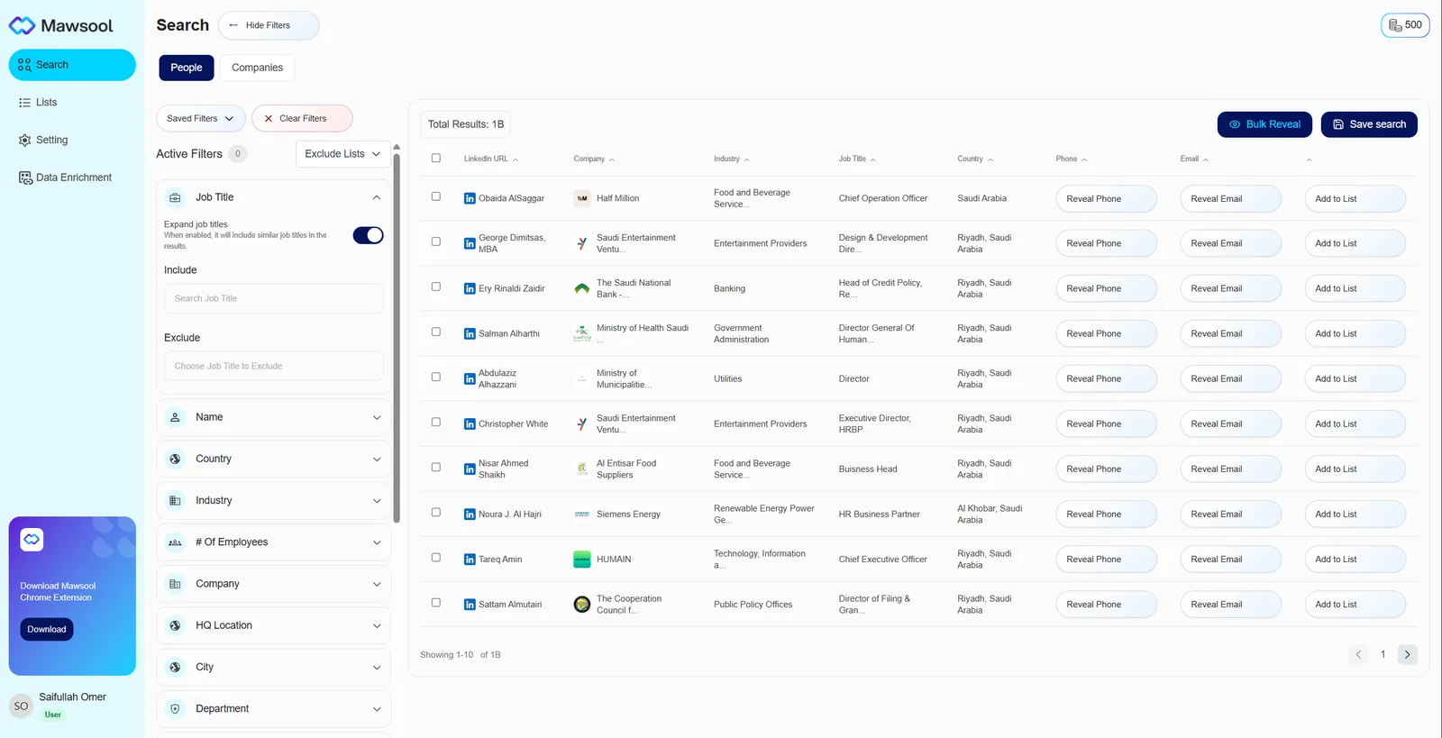 The search workspace: filters, results and reveal actions